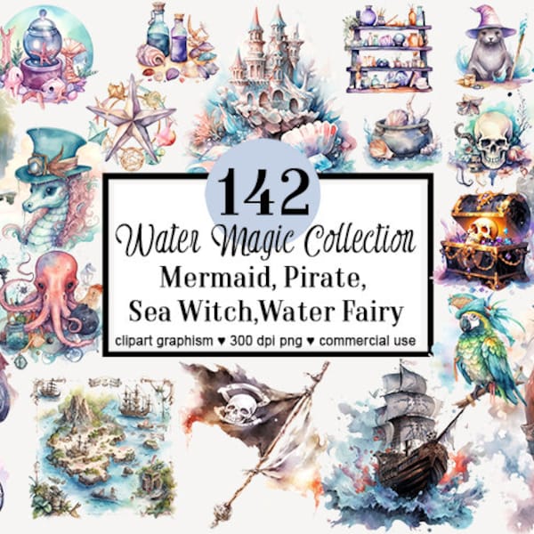 142 Mermaid Clipart Watercolor Mermaid Clipart Enchanting Fairy Ocean Clipart, Pirate, Tresor Chest, Sea Shells, Magical Fairy Storybook Png