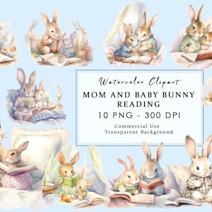 May include: Watercolor clipart of a mom and baby bunny reading a book. The bunnies are brown and white with pink noses. The mom bunny is wearing a blue and white plaid shirt and the baby bunny is wearing a pink and white polka dot dress. The book is open and has a colorful illustration on the page. The background is a light blue watercolor wash.