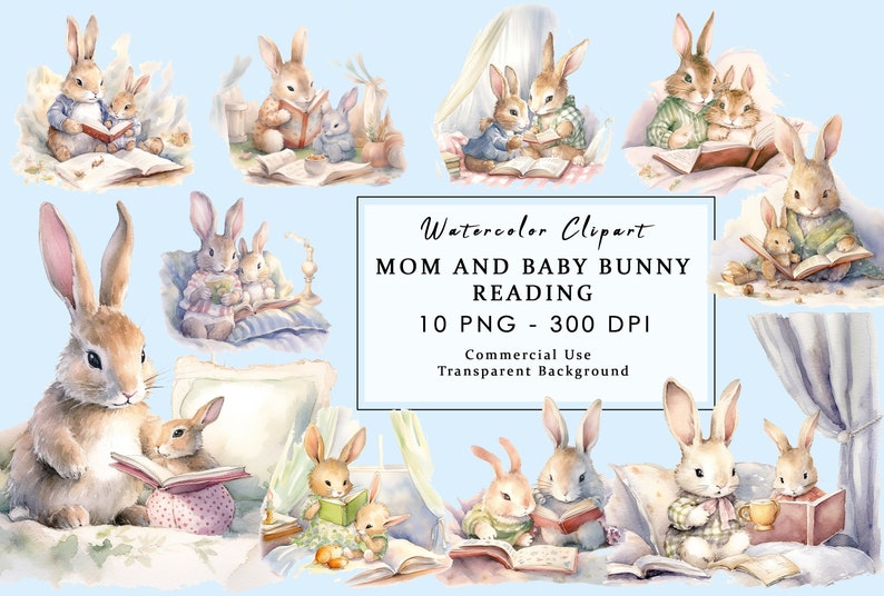 May include: Watercolor clipart of a mom and baby bunny reading a book. The bunnies are brown and white with pink noses. The mom bunny is wearing a blue and white plaid shirt and the baby bunny is wearing a pink and white polka dot dress. The book is open and has a colorful illustration on the page. The background is a light blue watercolor wash.