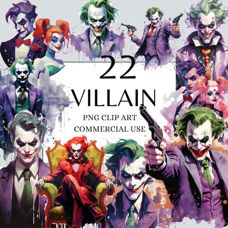 May include: A digital illustration set of 22 villain characters, including Joker, Harley Quinn, and other comic book villains. The characters are depicted in a colorful, stylized manner, with a watercolor effect. The set includes PNG clip art for commercial use.