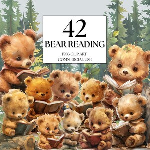 Book Lover Woodland Bear Clipart, Bear Reading, Woodland Animal Reading Clipart, Cute Bear, Woodland Nursery Clipart, Enchanted Forest Art