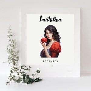 May include: Invitation to a "Red Party" with a woman holding a red apple and the text "Invitation" at the top and "Red Party" at the bottom.
