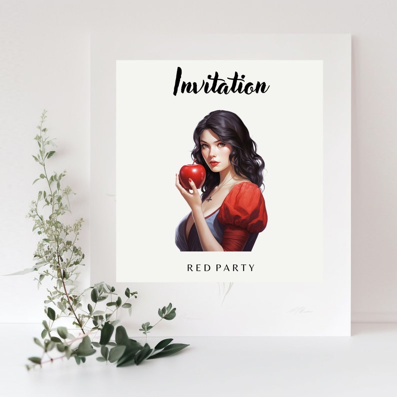 May include: Invitation to a "Red Party" with a woman holding a red apple and the text "Invitation" at the top and "Red Party" at the bottom.