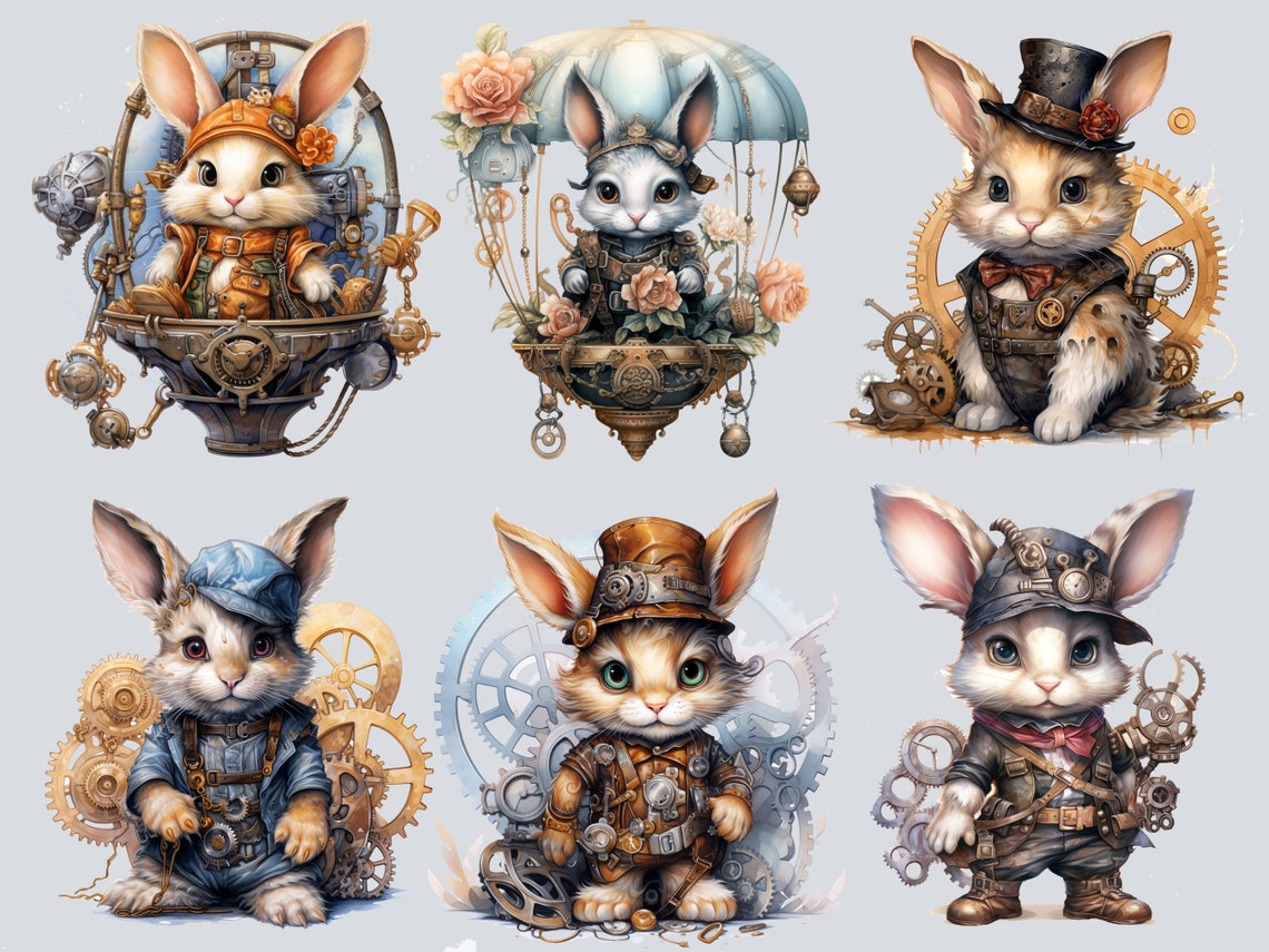 Steampunk Rabbit Bundle, PNG Steampunk Cliparts, Junk Journal ...