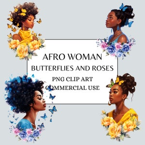 Afro Black Girl Clipart, Rose and Butterfly Black Woman, Afro Woman Clipart, Black Girl Magic, Birthday Queen Png Black Woman Clipart PNG
