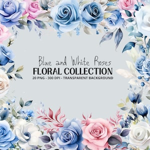 Watercolor Roses Clipart - Roses Clipart - Watercolor Clipart - Wedding Clipart - Classic Roses Clipart - Blue and White Roses, Floral png