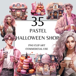Pastel Halloween Shop Clipart, PNG, Full Commercial Use, Watercolor Fantasy Fairytale Clipart, with Instant Download, Halloween Coffee PNG