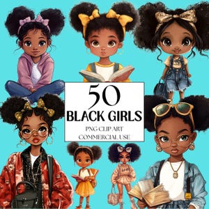 50 PNG, Zwart meisje clipart bundel, Chibi meisje clipart, Afro meisje clipart, Denim meisje clipart, Mooi meisje clipart, Zwart meisje graphics PNG