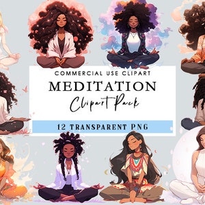 Puede incluir: Paquete de im&aacute;genes predise&ntilde;adas digitales con ilustraciones de mujeres de diferentes etnias meditando en la posici&oacute;n de loto. Las im&aacute;genes tienen un estilo art&iacute;stico suave con colores pastel y acentos florales. El texto dice "MEDITATION Clipart Pack" y "12 TRANSPARENT PNG".