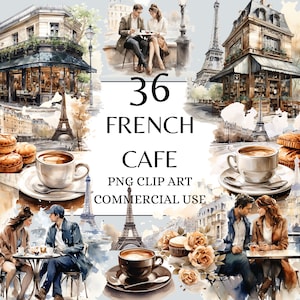Cute Paris Cafe Clipart, PNG Watercolor Coffee shop clipart, French bakery, Commercial use, Junk journal, Cafe in Paris, Parisian Coffee PNG