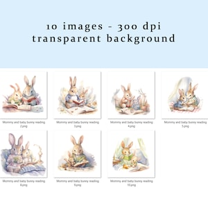 May include: Ten watercolor illustrations of a mommy bunny and baby bunny reading a book together. The illustrations are set in different scenes, including a bedroom, a garden, and a living room. The bunnies are wearing clothes and have soft, pastel colors.