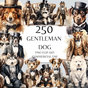 Aquarell Gentleman Dog Clipart, 250 PNG-Digitalbilder, transparenter Hintergrund, hohe Qualität, Fancy Dog Clipart Husky, Samojede, Labrador