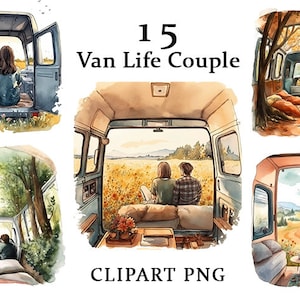 Op de afbeelding: Waterverfillustraties van van-life scènes. De afbeeldingen tonen stellen die van de natuur genieten vanuit bestelwagens. De tekst "15 Van Life Couple" en "CLIPART PNG" zijn opgenomen. Het kunstwerk heeft warme kleuren en schilderachtige uitzichten.