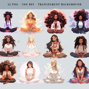 Puede incluir: Arte digital con 12 ilustraciones de personas meditando en la postura del loto. Cada persona se representa con los ojos cerrados, vistiendo varios atuendos y rodeada de fondos suaves y coloridos. El texto en la parte superior dice "12 PNG - 300 DPI - TRANSPARENT BACKGROUND."