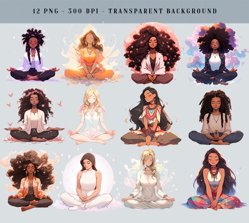 Puede incluir: Arte digital con 12 ilustraciones de personas meditando en la postura del loto. Cada persona se representa con los ojos cerrados, vistiendo varios atuendos y rodeada de fondos suaves y coloridos. El texto en la parte superior dice "12 PNG - 300 DPI - TRANSPARENT BACKGROUND."