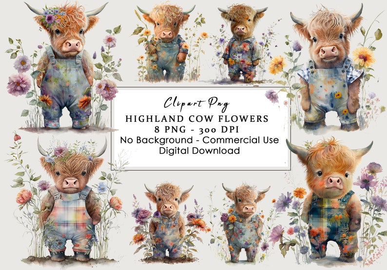 Highland Cow Illustrations Pack of 8 PNG for Digital Crafting - Etsy