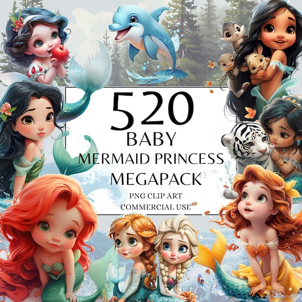 Baby Sirena Principessa Clipart MegaPack di 520+ PNG, Clipart da favola ad acquerello, Biancaneve, Pocahontas, Cenerentola, Elsa, Anna, Mulan