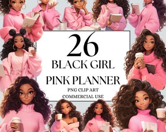Black Women Clipart, Pink Planner Girl Clipart, Office Girl Clipart, Black Women Lady Boss Clipart, Black Girl Clipart, Black Girl Magic