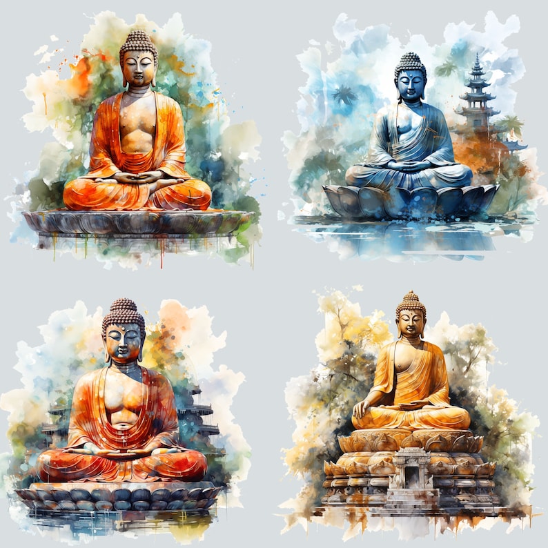 May include: Four watercolor paintings of Buddha statues in various poses and colors. Each statue is seated on a lotus flower and surrounded by a watercolor background.