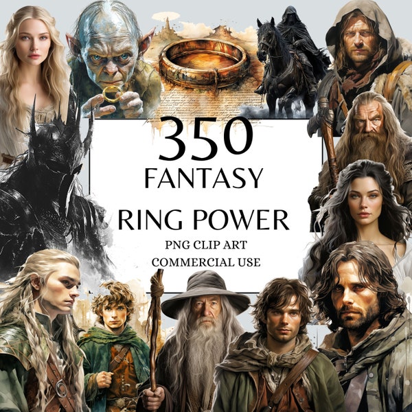 Fantasy Power Rings Clipart, Middle Earth, Gray Wizard, Watercolor Illustration, Elf Queen, Dark Lord, Ranger, Trilogy Reader Gift, 350 PNG