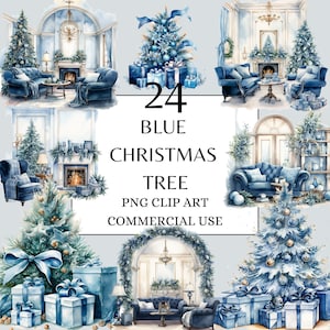 Christmas Tree Winter Holiday PNG Clipart - Blue Christmas Watercolor bundle clip art - Blue Christmas Sticker Clipart Bundle