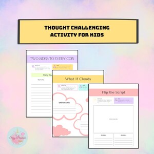 May include: Three printable worksheets for kids with thought-provoking activities. The first worksheet is titled "Two Sides to Every Coin" and features a prompt about rainy days. The second worksheet is titled "What If Clouds" and features a cloud-shaped writing space. The third worksheet is titled "Flip the Script" and features two writing spaces.