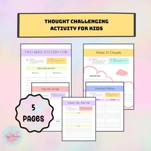 May include: A printable activity pack for kids with five pages of thought-provoking activities. The pages are titled "Two Sides to Every Coin", "What If Clouds", "Flip the Script", "Future Me, Past Me", and "Emotion Potion".