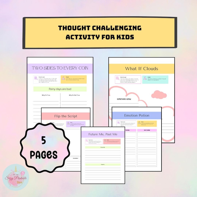 May include: A printable activity pack for kids with five pages of thought-provoking activities. The pages are titled "Two Sides to Every Coin", "What If Clouds", "Flip the Script", "Future Me, Past Me", and "Emotion Potion".