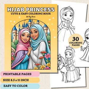 Ausmalbilder Hijab-Prinzessin | Unterhaltsame und lehrreiche Aktivitäten für muslimische Mädchen | Sofortiger Download