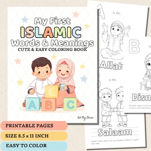 Op de afbeelding: Een kleurrijk, printbaar kleurboek voor kinderen met islamitische woorden en hun betekenissen. De omslag toont twee kinderen die spelen met blokken die ABC spellen. Het boek is 8,5 inch bij 11 inch.