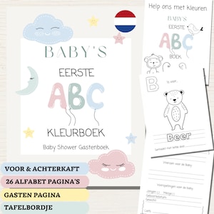 Op de afbeelding: Een printbaar baby shower gastenboek met een pastelkleurenschema. De omslag heeft een wolk met een lachend gezicht, een halve maan en de tekst "Baby's First ABC Coloring Book". De binnenpagina's bevatten een kleurplaat voor elke letter van het alfabet, met een bijbehorende dierenillustratie.