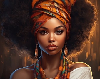 May include: A woman with dark brown curly hair wears a colorful head wrap and a multi-layered necklace. The head wrap is orange, yellow, and blue with a geometric pattern. The necklace is made of orange, yellow, blue, and red fabric.