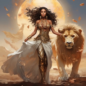 A Beautiful Queen with a Lion Lioness Woman Digital Wall Art