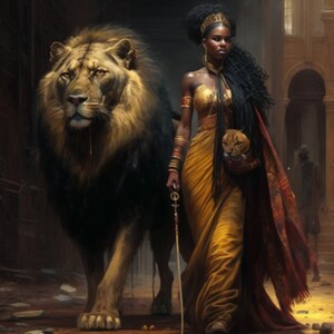 A Beautiful Black African Queen with Lion Animal Wall Arts Digital Downloads