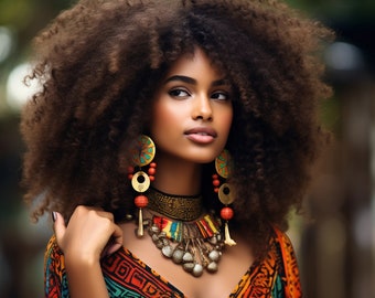 Beautiful Woman Colorful Beads Necklace Melanin Gueen Multicolor Hair color Spring Warming Wall Arts Digital Downloads