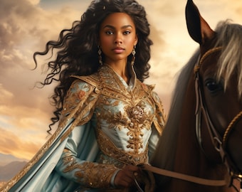 Eine schöne Prinzessin, braunes Haut-Mädchen auf ihrem Pferd, Wand-Kunst-Digital-Downloads