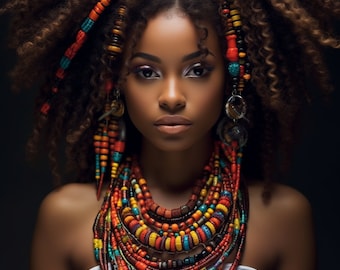 Beautiful woman with colorful beads necklace Melanin queen multicolor hair colorful spring warming Wall Arts Digital Downloads