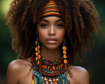 May include: A woman with long, curly brown hair wears a colorful headband and a layered necklace with turquoise, gold, and brown beads.