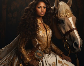 Eine schöne Prinzessin, braunes Haut-Mädchen mit ihrem Pferd, Wand-Kunst-Digital-Downloads