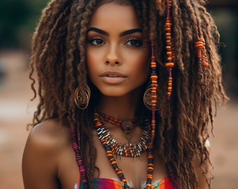 Beautiful woman with colorful beads necklace Melanin queen multicolor hair colorful spring warming Wall Arts Digital Downloads
