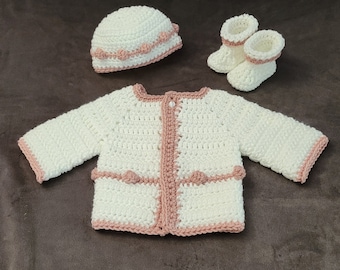 Crochet Bobble Stitch Baby Cardigan, Hat, and Booties Set Made