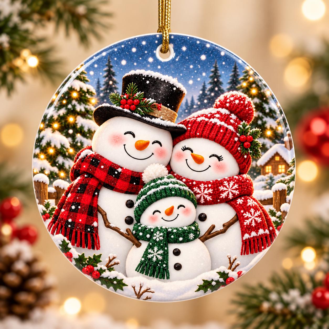 Snowman Family Christmas Metal Ornament | Round Winter Holiday Decor, Cute Family Tree Ornament, Snowman Christmas Gift, Cozy Xmas Decor