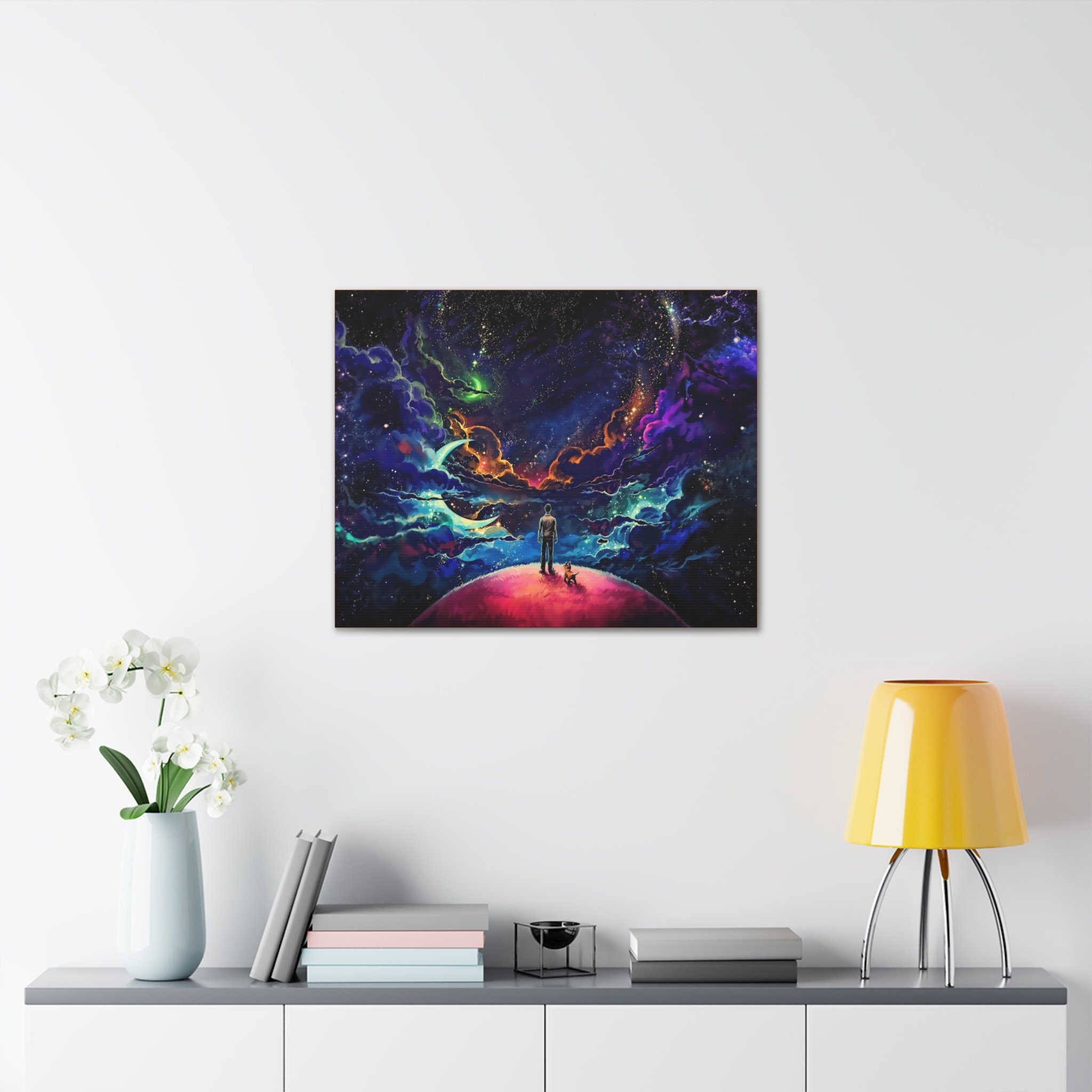 Boy and Dog Canvas Wall Art | Abstract Galaxy Print