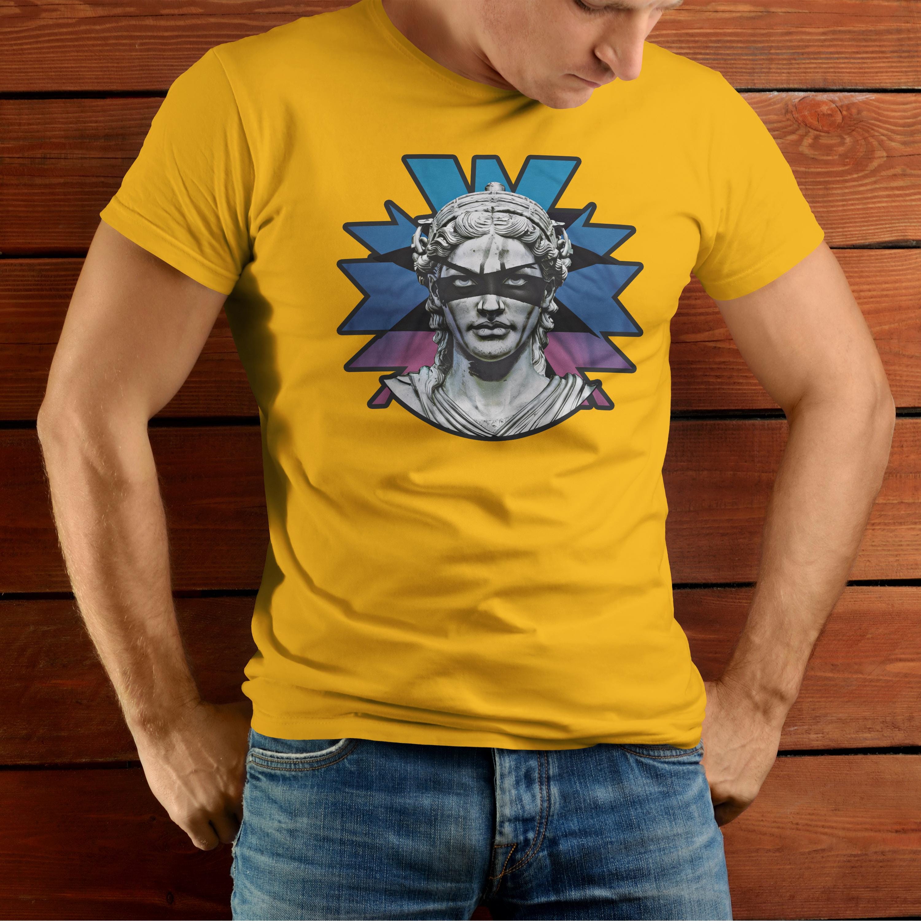 Masked Guardian T-Shirt: Bold Statue Graphic Tee