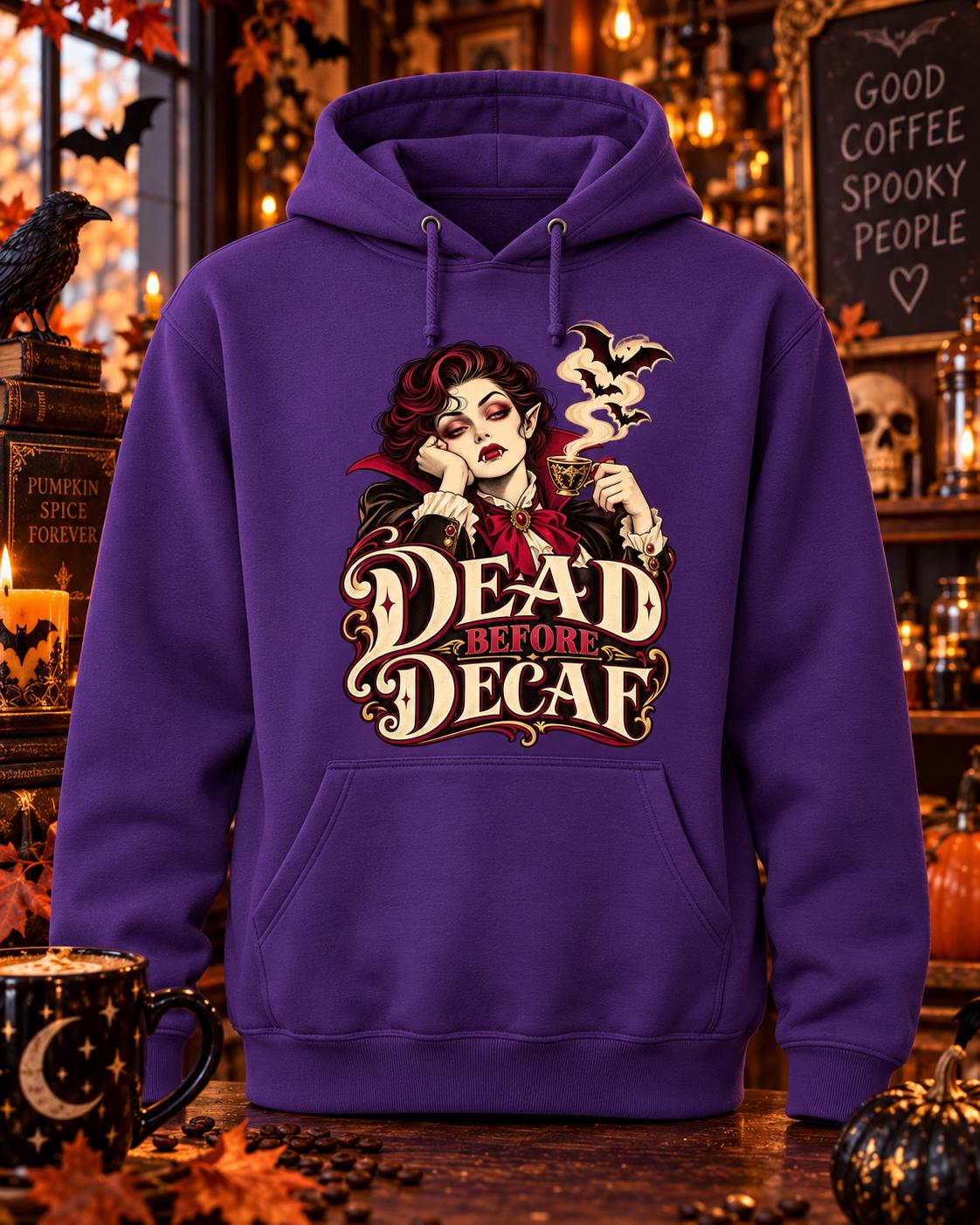 Dead Before Decaf Hoodie, Funny Vampire Coffee Sweatshirt, Gothic Halloween Hoodie, Coffee Lover Gift, AWDis JH001 Unisex Hoodie