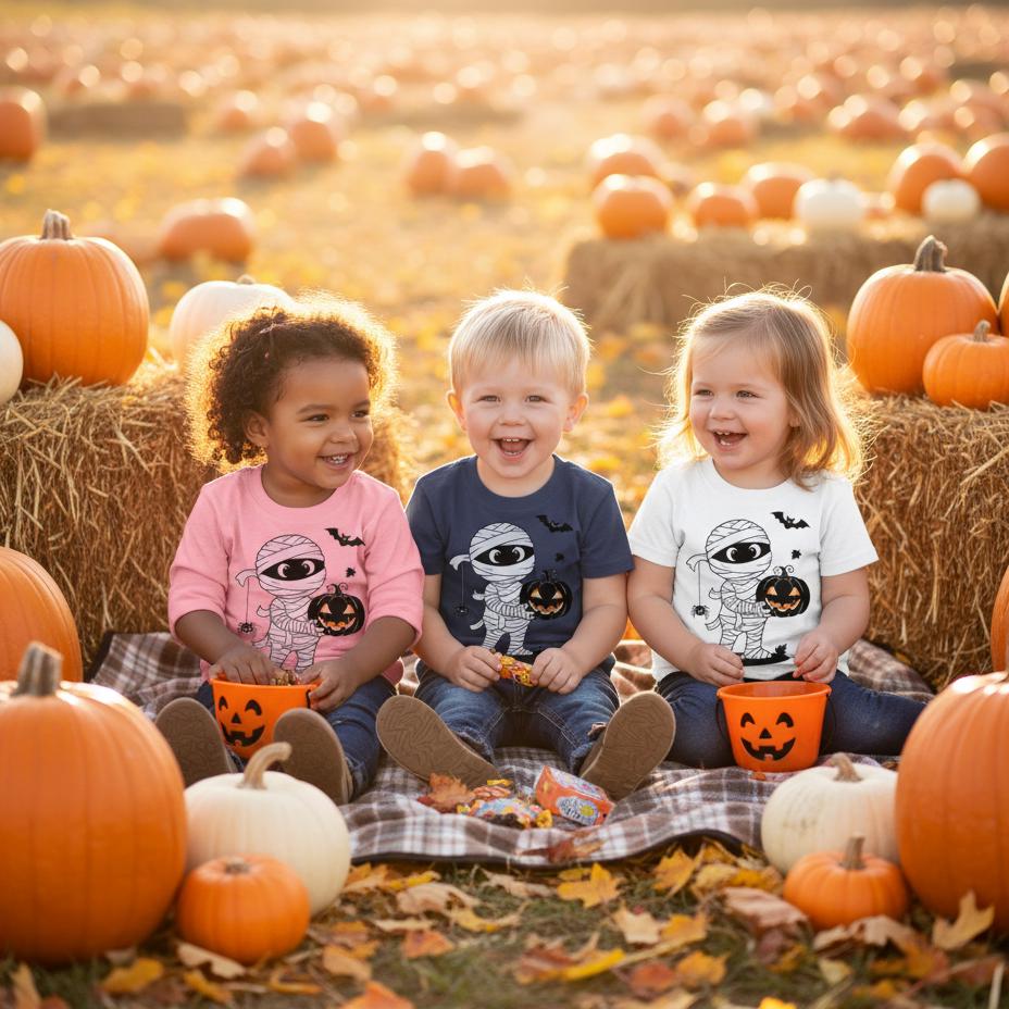 Toddler Halloween Tshirt with Cute Mummy Ghost Pumpkin and Bat Spooky Kids Long Sleeve Tee for Trick or Treat Fall Outfit Idea