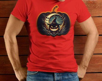 Moonlit Pumpkin Witch: Spooky Halloween T-Shirt with Crescent Moon & Jack-O'-Lantern
