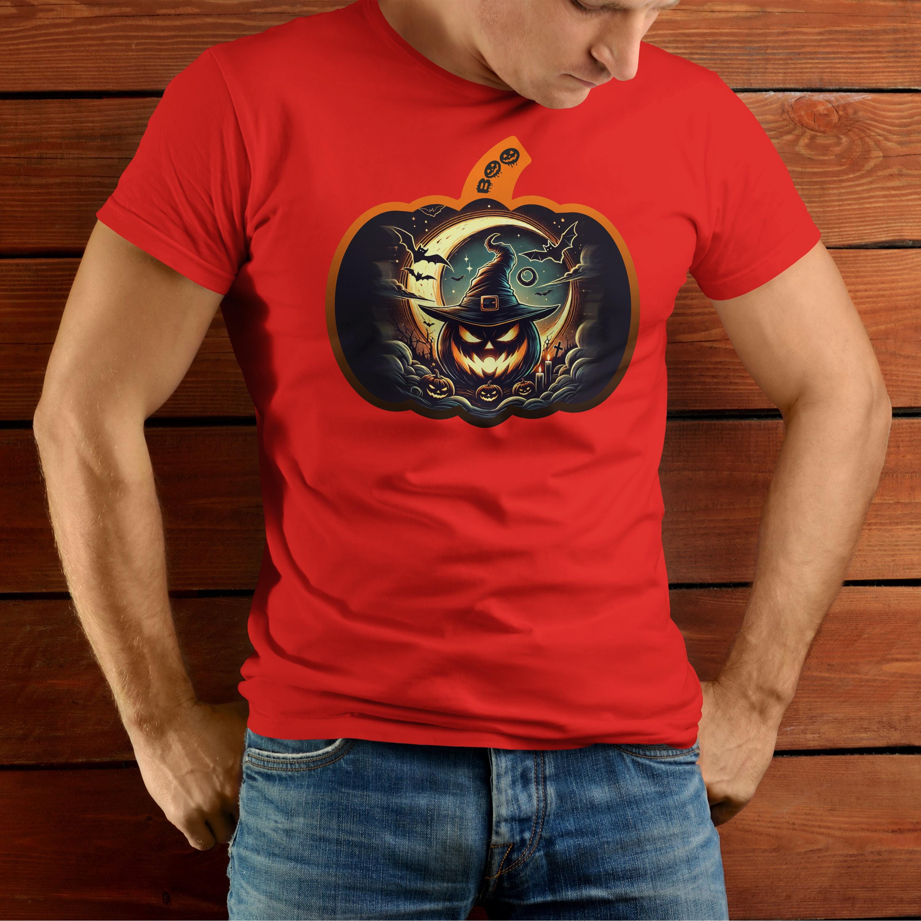 Moonlit Pumpkin Witch: Spooky Halloween T-Shirt with Crescent Moon & Jack-O'-Lantern