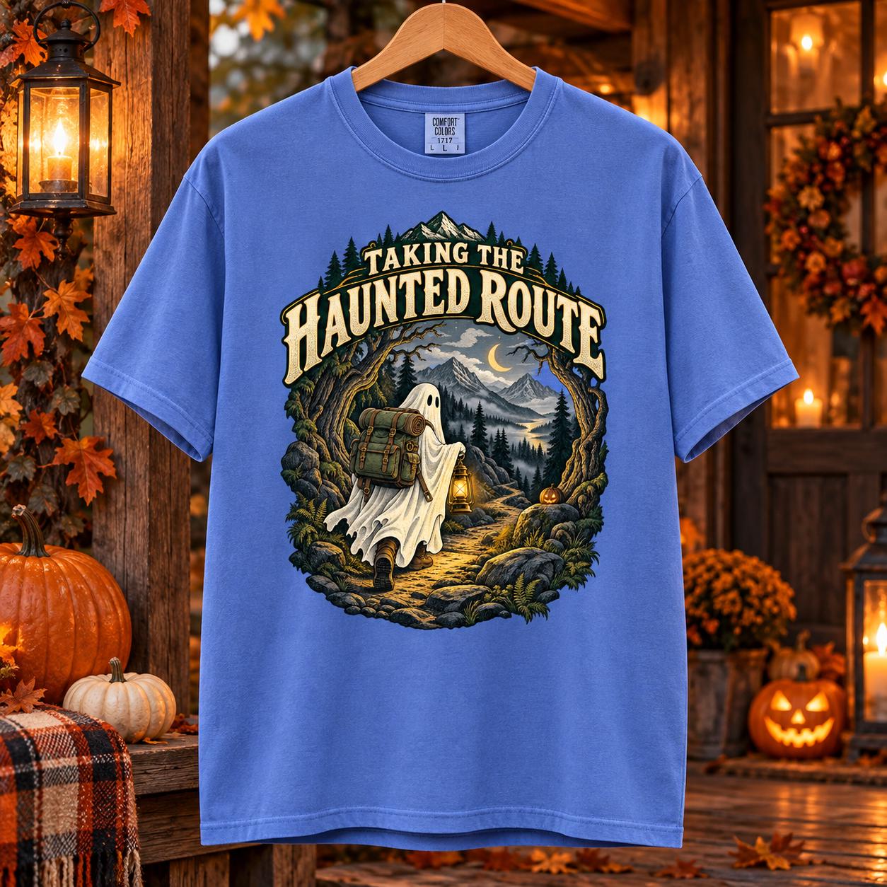 Taking the Haunted Route Shirt, Ghost Hiking Halloween Tee, Spooky Outdoors T-Shirt