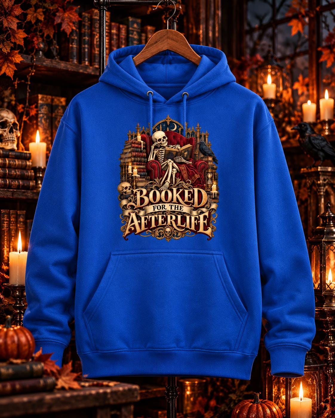 Booked for the Afterlife Hoodie, Gothic Book Lover Sweatshirt, Dark Academia Halloween Hoodie, Skeleton Reader Gift, AWDis JH001